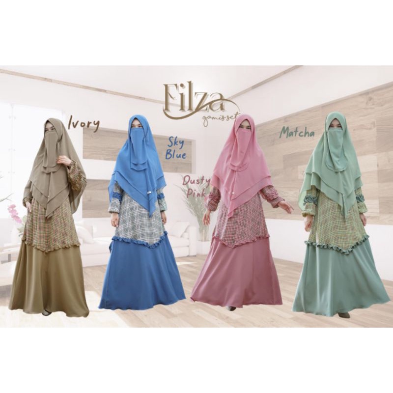 Filza Set Gerai Mika Gamis Set Khimar Ceruty Motif Kotak mix polos