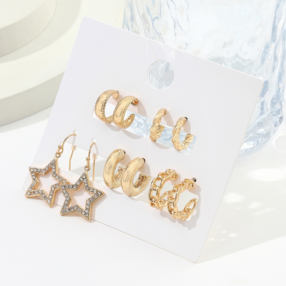 Cocojewelry C-shaped Earring Set Retro Bintang Berujung Lima Lingkaran Berlian Anting