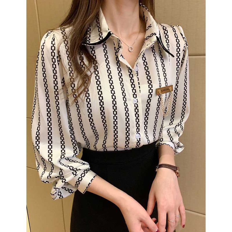Kemeja atasan wanita motif rantai cantik satin Korea lengan panjang elegant