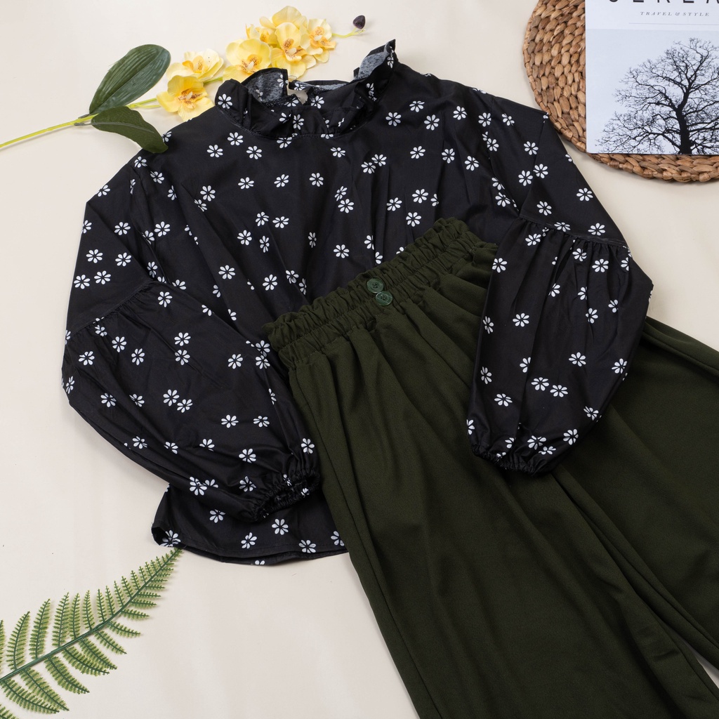 IL - SETELAN BYTHA MOTIF BUNGA TERBARU / ONE SET KULOT BUTTON 2 KANCING BAHAN CREPE PREMIUM-BYTHA HITAM+ARMY