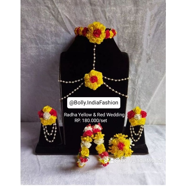 perhiasan radha bunga merah&kuning (5 rantai) Radha Jewellery indian flower Jewellery set haldi set