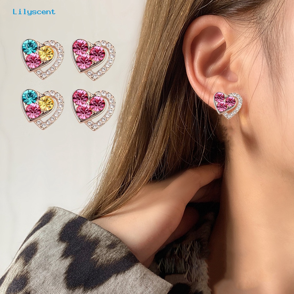 [LS] 1set Perhiasan Wanita Set Shiny Colorful Full Rhinestones Geometris Berkilau Hias Hadiah Anniversary Cinta Bentuk Hati Liontin Kalung Stud Anting Set Aksesori Fashion