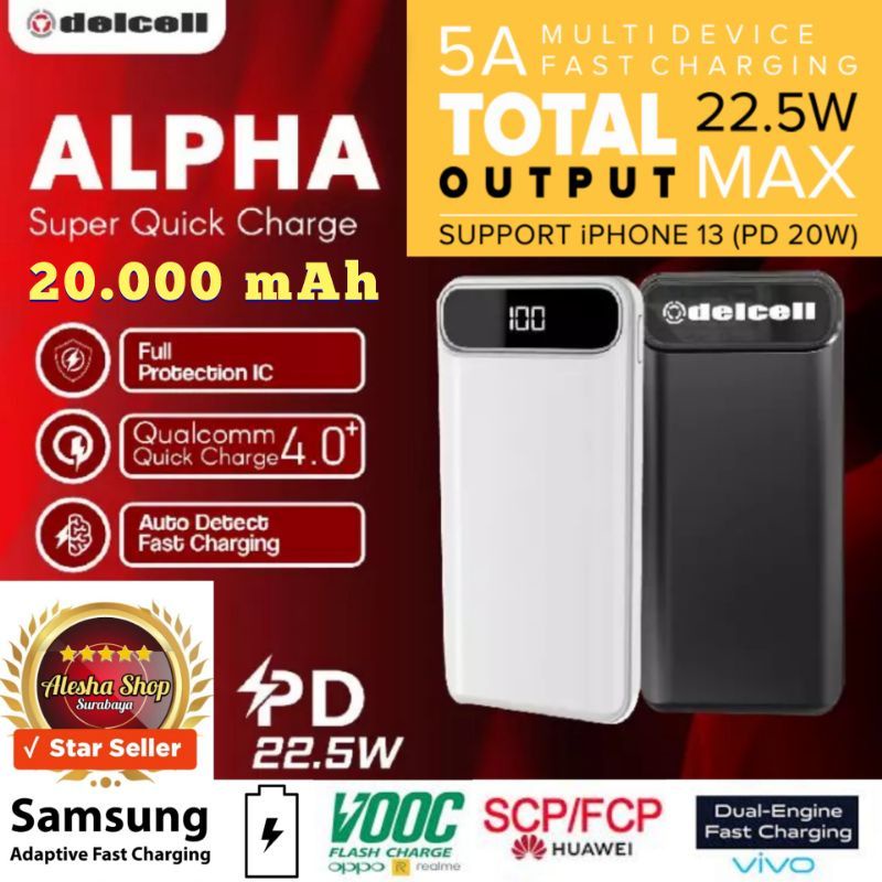 [GARANSI] PowerBank Delcell Alpha 22.5W 20000mAh SuperFast Charging VOOC PD QC