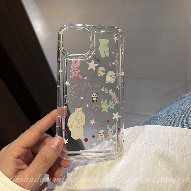 IPHONE Airbag Shockproof Clear Soft Silicon Case Kompatibel Untuk Iphone11 7 8 6 6s Plus 11 13 14 12 Pro MAX XR X XS MAX SE 2020 Ins Graffiti Kartun Lucu Lovely Star Bear TPU Penutup Belakang