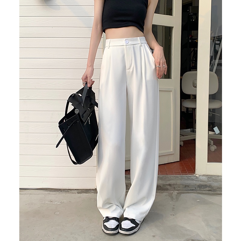 Hitam/Putih/Coklat/Khaki Highwaist Straight Loose  Kasual Celana Setelan Wanita Korean