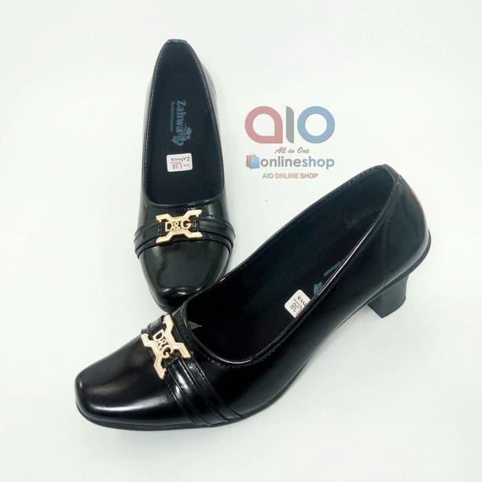 Aline Sepatu Pantofel Wanita Hak 7 Cm Glossy High Heels Hitam Kilap Glosy AW20