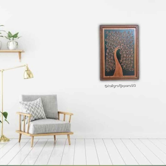 Kaligrafi Asmaul Husna Ukiran Minimalis Bentuk Pohon Kayu Jati