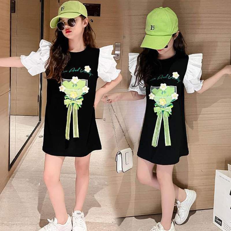 Dress anak Warna Hitam Motif Bucket Bunga Gaun Anak Black Flower Green