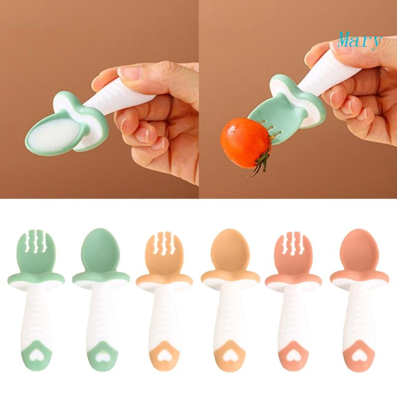 Mary 2 Pcs Baby Self Feeding Fork Spoon Set Peralatan Makan Bayi Training Feeding Utensils