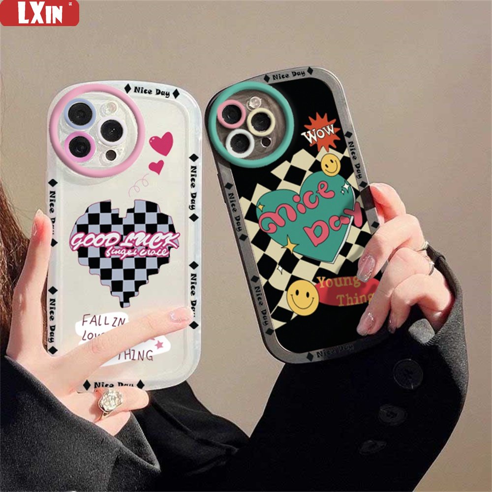 Soft Case OPPO A17 A57 2022 A15 A16 A16K A54 A53 A12 A5S A7 A3S A31 A52 A83 A92 A37 F9 A1K F1s Putih Dan Hitam Kotak-Kotak Doodle love Silikon Sarung Telepon