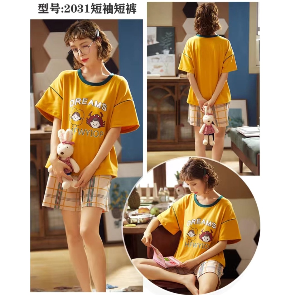 Baju tidur piyama lengan pendek celana pendek bahan kaos import