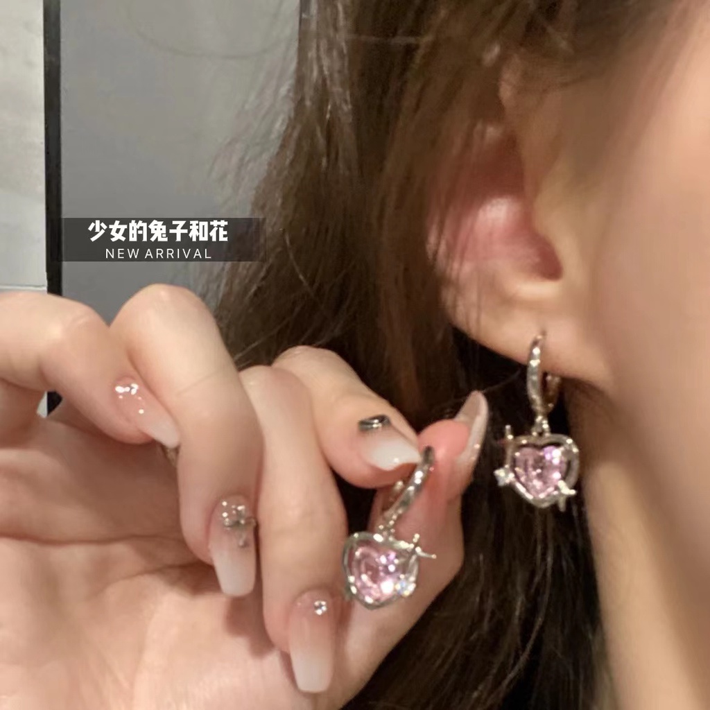 IFYOU Anting Tetes Hati Anting Zircon Pink Manis Untuk Aksesoris Perhiasan Wanita