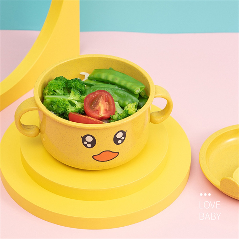 ღ Bayi Feeding Tableware Kartun Bayi Mangkuk dengan Tutup Jerami Gandum Serat Makan Mangkuk Set Dua Telinga Panas bukti Training Bowl Makanan Tambahan Peralatan Makan