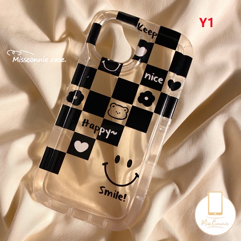IPHONE Pasangan Kotak-Kotak Smiley Airbag Case Kompatibel Untuk Iphone11 14 13 12 Pro MAX XR 7Plus 8Plus 6 6S Plus X XS MAX SE 2020 Beruang Lucu Lembut Tpu Cinta Hati Ponsel Cover