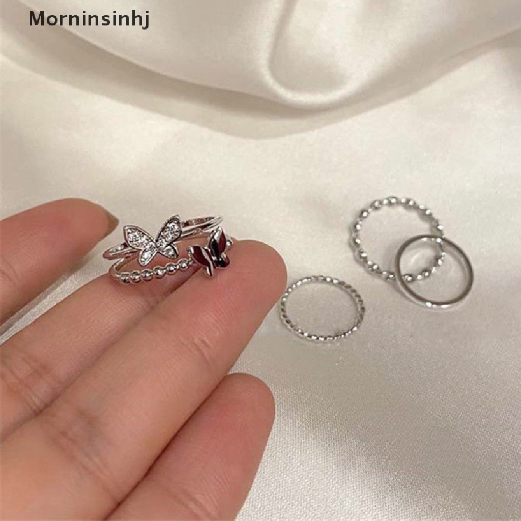 Mornin 3/4/5PCS Butterfly Metal Punk Rings Set Stackable Joint Finger Rings Adjustable Untuk Wanita Pria Perhiasan Jari Pesta Hadiah Aksesoris Perempuan Jari Telunjuk Cincin id