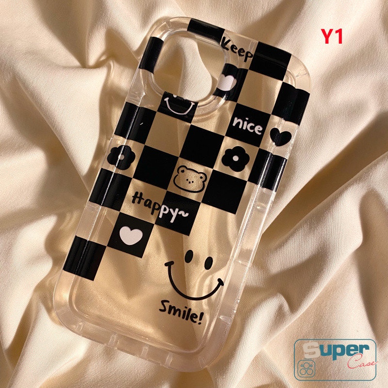 Checkerboard Couple Smiley Case Untuk Realme C53 C21Y C55 C35 C11 C25Y C12 C30 C25 C20 C11 C33 C17 C30S C15 C20A C25s C3 C2 7I 9I 6i 5 5i 5s Cinta Hati Beruang Bunga Lembut Airbag Case