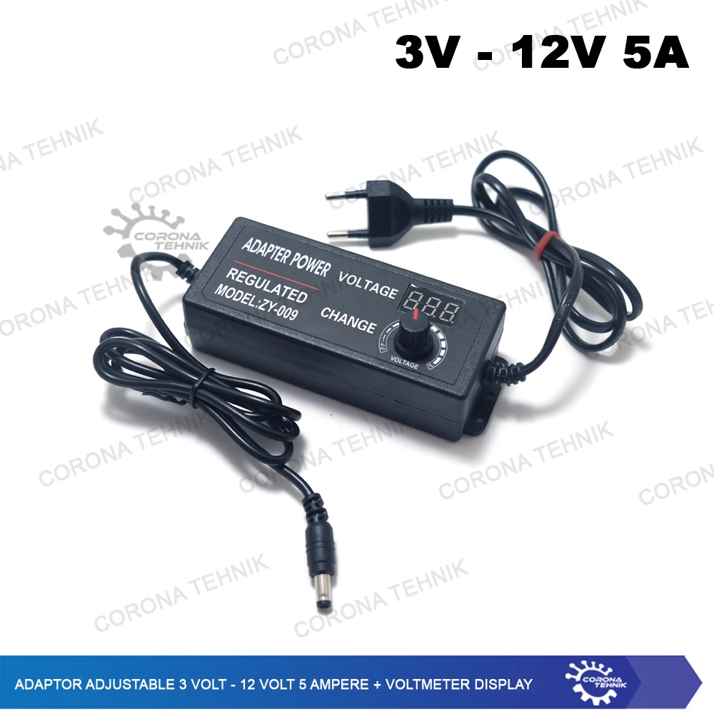 3 Volt - 12 Volt 5 Ampere + Voltmeter Display Adaptor Adjustable