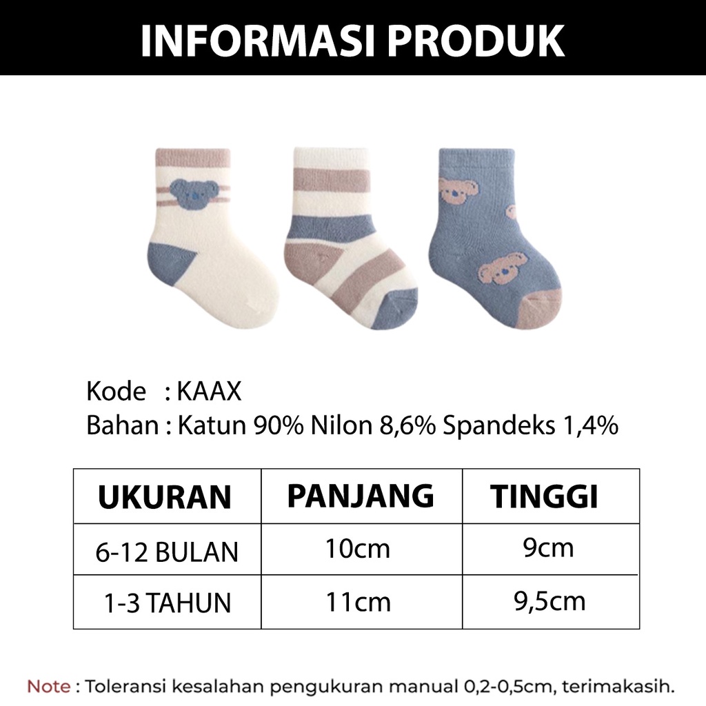 Kaos Kaki Bayi Anak Perempuan Laki-laki 1 Set 3Pcs Motif Kartun Bear Fashion Korea Import KAAX