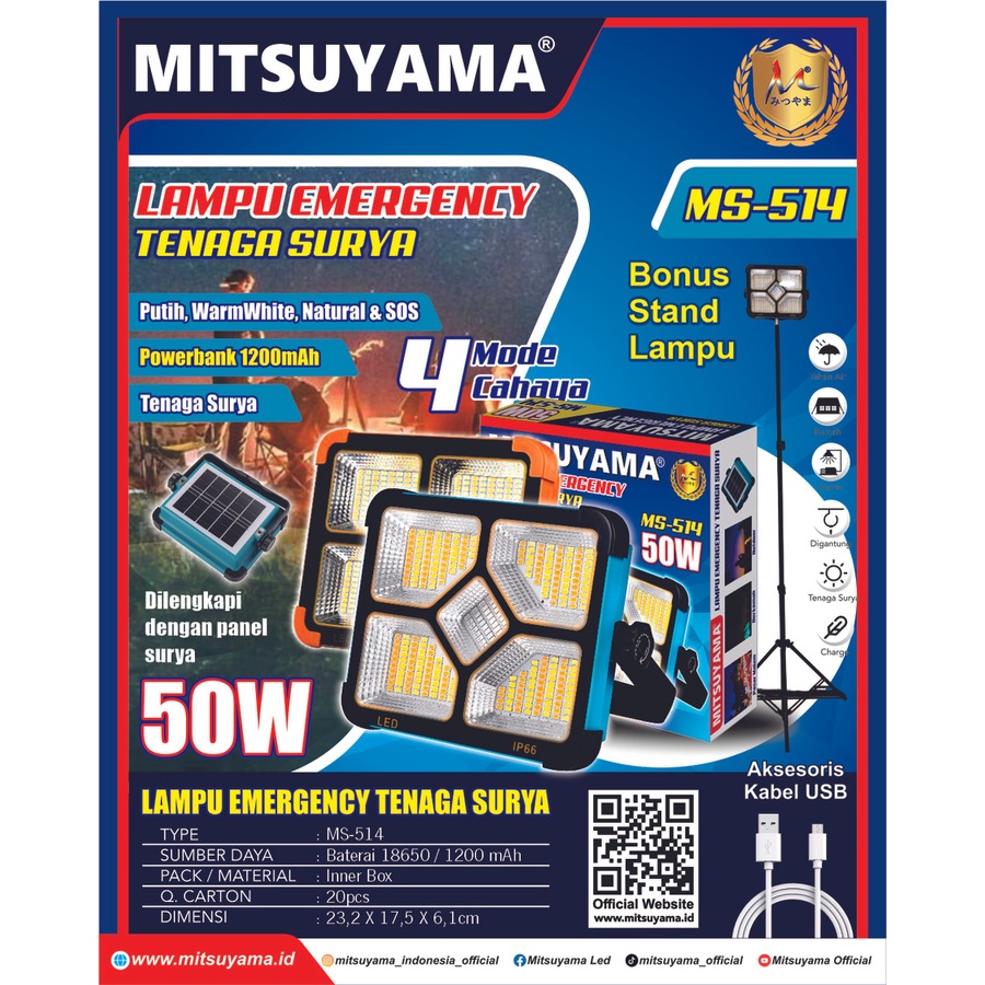 Barangunik2021 -Lampu Emergency Tenaga surya 50W Mitsuyama MS-514 Banus Stand Lampu