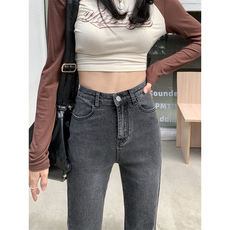 Highwaist Fashion Elastis Celana Cutbray Jeans Wanita Abu abu