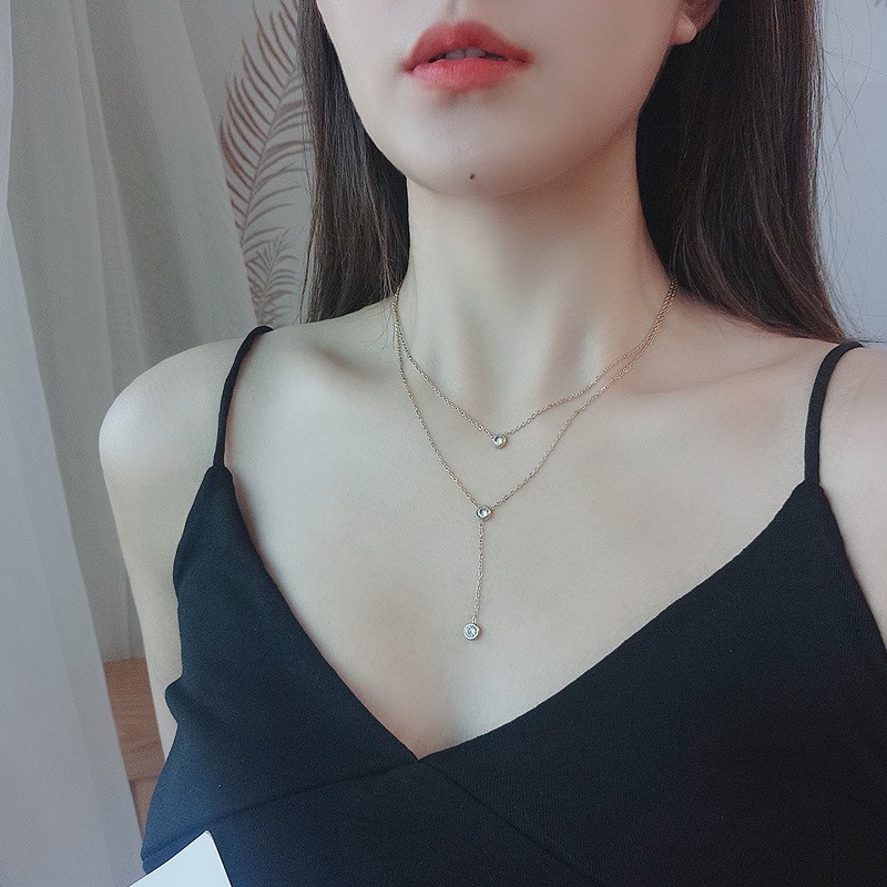 Kalung Rantai Klavikula Bahan Titanium Steel Plated 18K Rose Gold Aksen Berlian Rumbai Gaya Korea Untuk Wanita