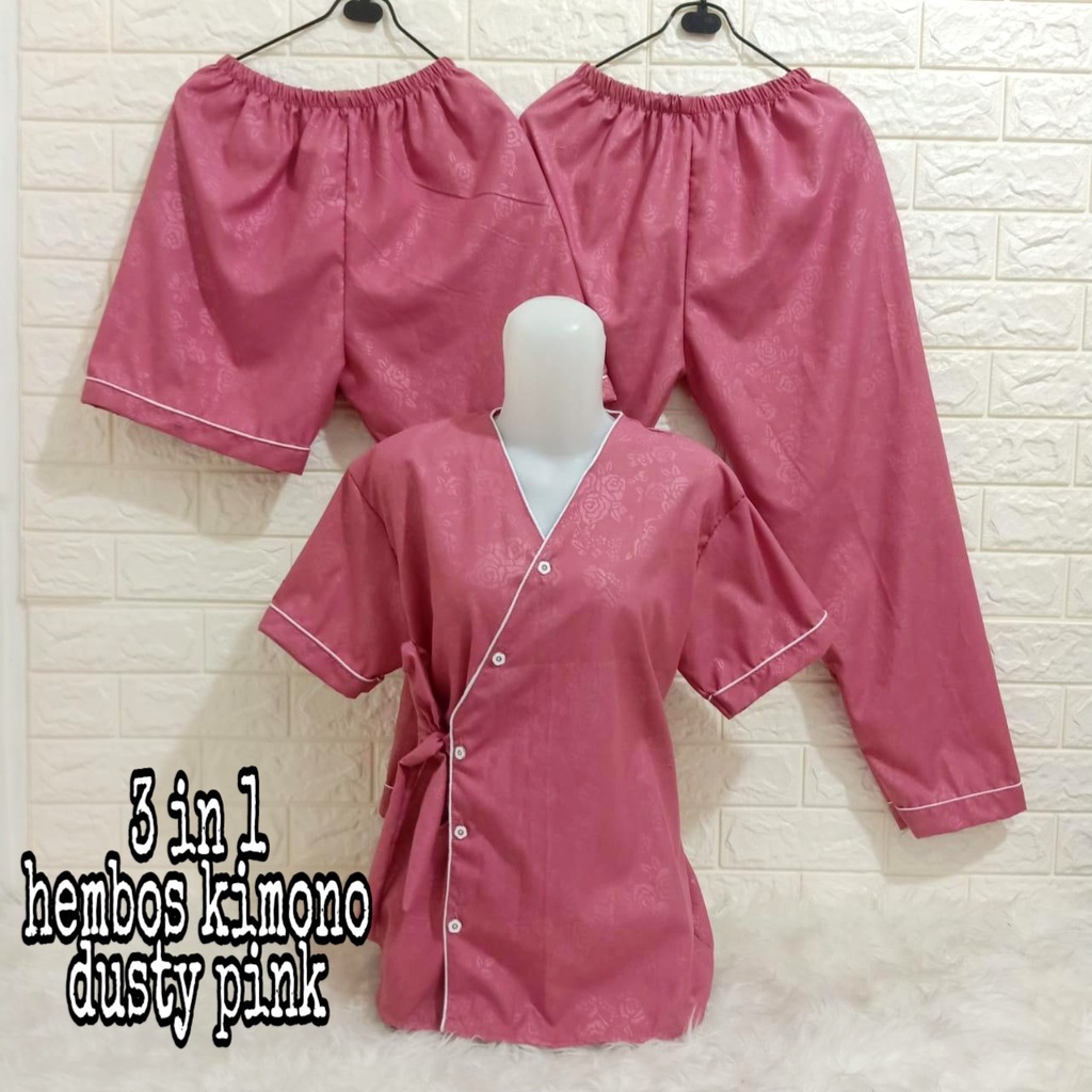 baju tidur kimono 3 in 1 , pyjamas set , kimono set, baju tidur bahan katun , motif embos , baju tid