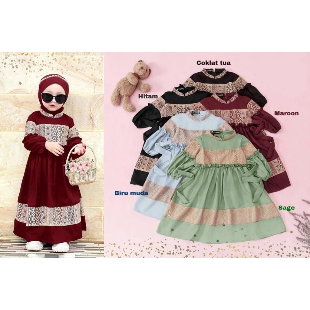 3 UKURAN S M L SYARI KID SURI FASHION PAKAIAN MUSLIM ANAK PEREMPUAN BAHAN MOSCREPE APLIKASI RENDA MR