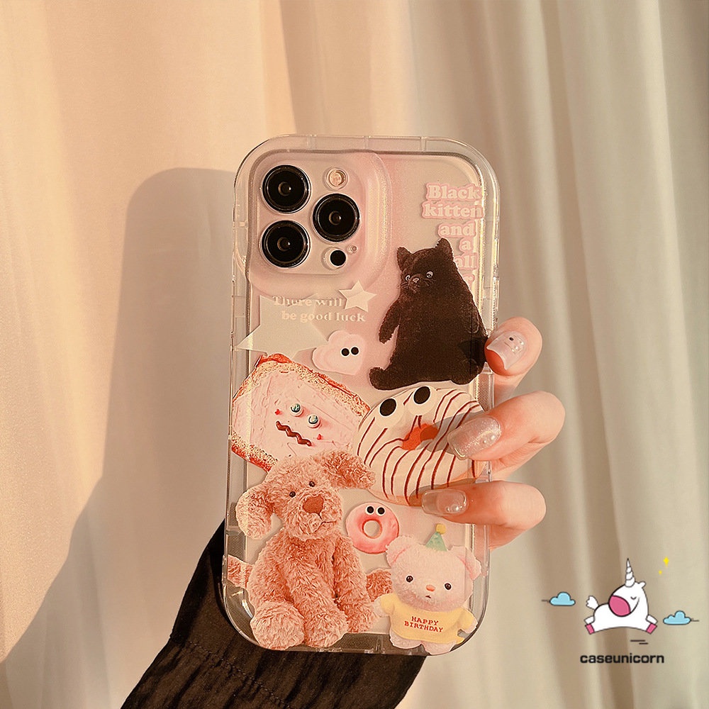 IPHONE Casing Ponsel Airbag Transparan Kompatibel Untuk Iphone11 13 14 12 Pro Max6 6S 7 8 Plus XR X XS MAX Ins Hewan Lucu Stiker Kartun Boneka Beruang Anjing Kucing Shockproof Lembut TPU Penutup Belakang