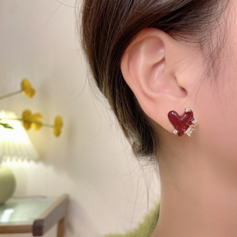 Anting Zirkon Geometris Cinta Merah Anggur Gadis Keren Retro Hati Ear Studs Untuk Perempuan