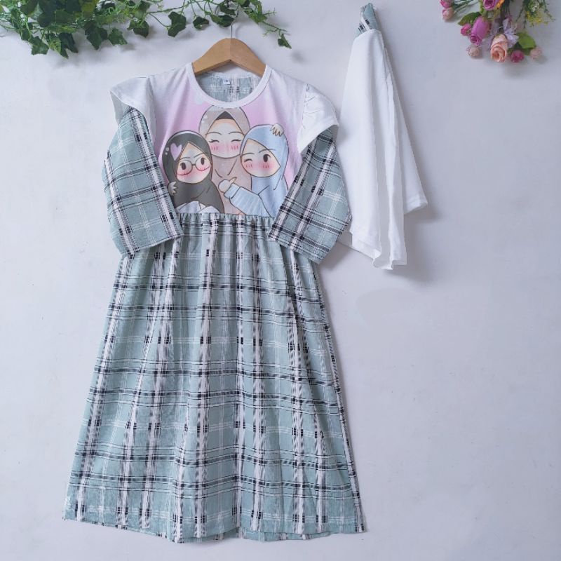 Gamis Anak 4 5 6 7 8 9 10 Tahun Anak Cewek Perempuan Gamis Voxy Kotak Lucu kekinian free hijab style luvu kekinian terbaru rempel Muslim ( Gamis Voxy Kotak )