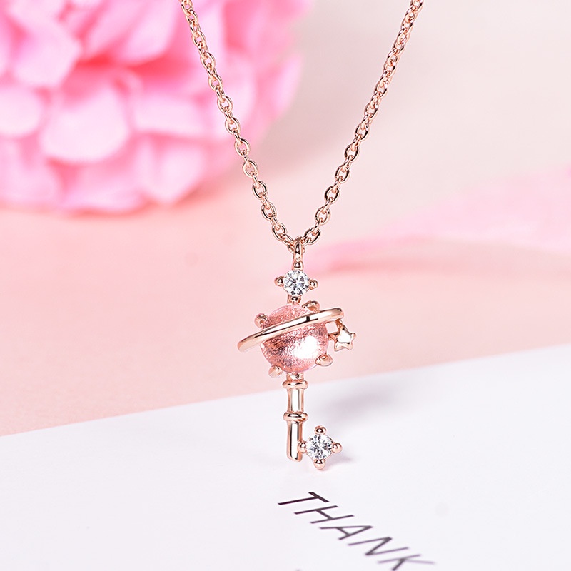 Fashion Kunci Planet Meteor Shower Kalung Pink Zirkon Kristal Liontin Rantai Choker Untuk Aksesoris Perhiasan Wanita