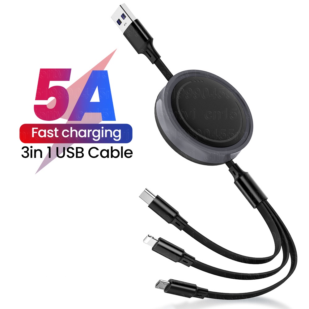 1.1m 66W 5A 3in1 Ditarik Kabel USB Tipe C USB Micro Quick Charge Date Cord Kabel Pengisian Cepat