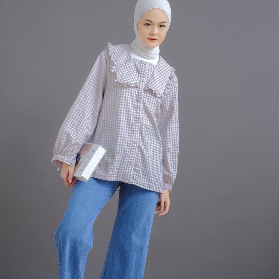 ⅎ Mayoutfit Deian Blouse | Kemeja Katun Kerah Ruffle Motif Kotak ♣