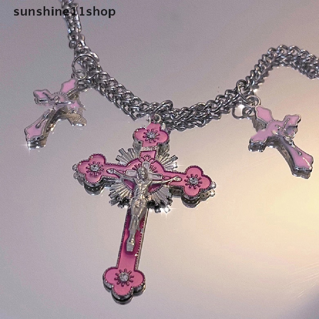 Sho Punk Rain Skull Cross Necklace Korea Fashion Aesthetic Unik Liontin Kalung Wanita Keren Egirl Jewelry Chain N