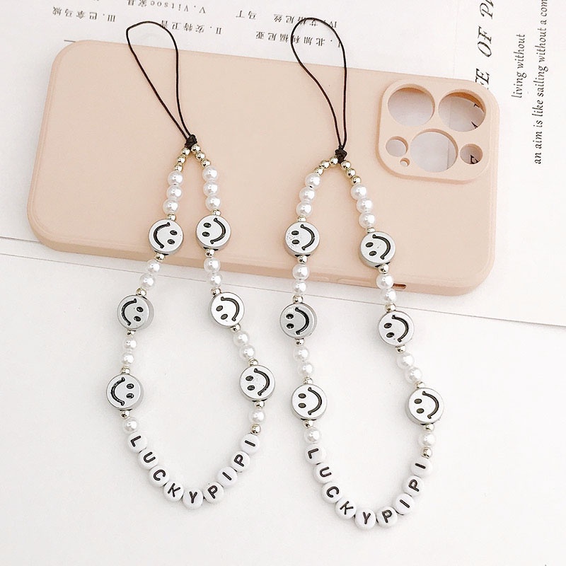 Warna Silver Smile Face Bulat Manik-Manik Mutiara Rantai Anti Hilang Untuk iPhone Android OPPO VIVO Huawei Xiaomi Redmi Samsung Semua Ponsel Earphone Cases Tali