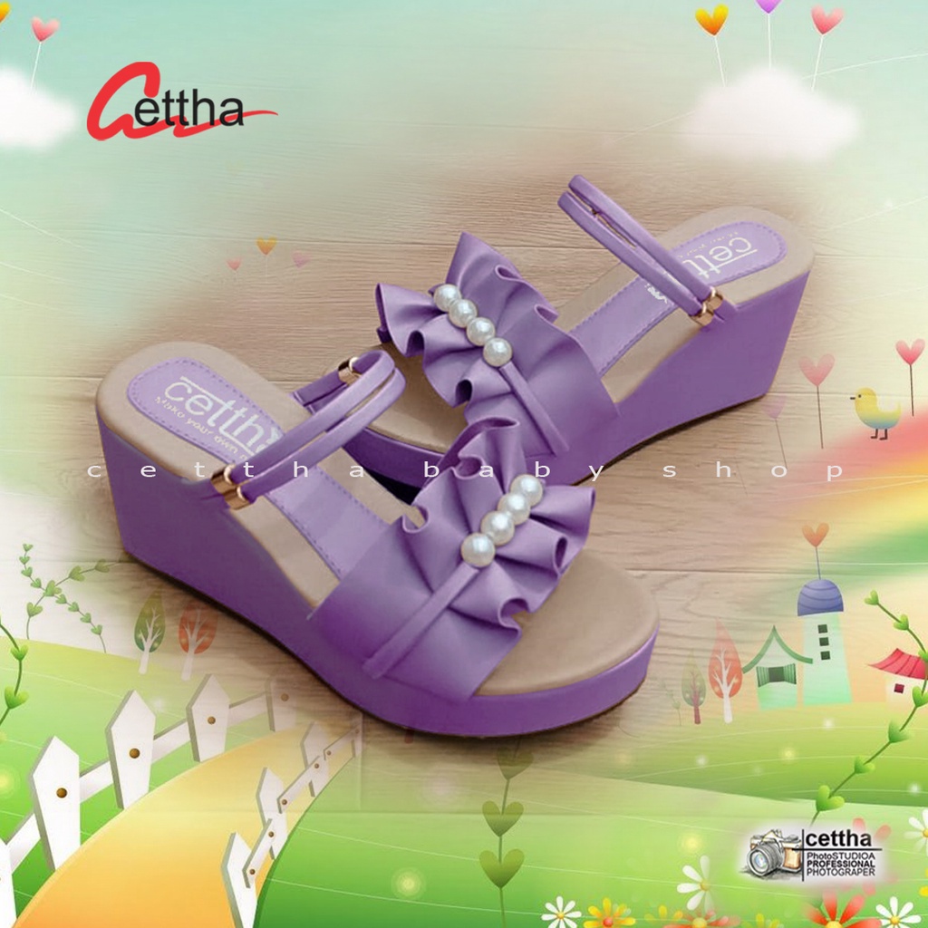 Sandal Anak Wedges Hak Tinggi dengan Hiasan Mutiara Deret untuk Perempuan - Model WB.005