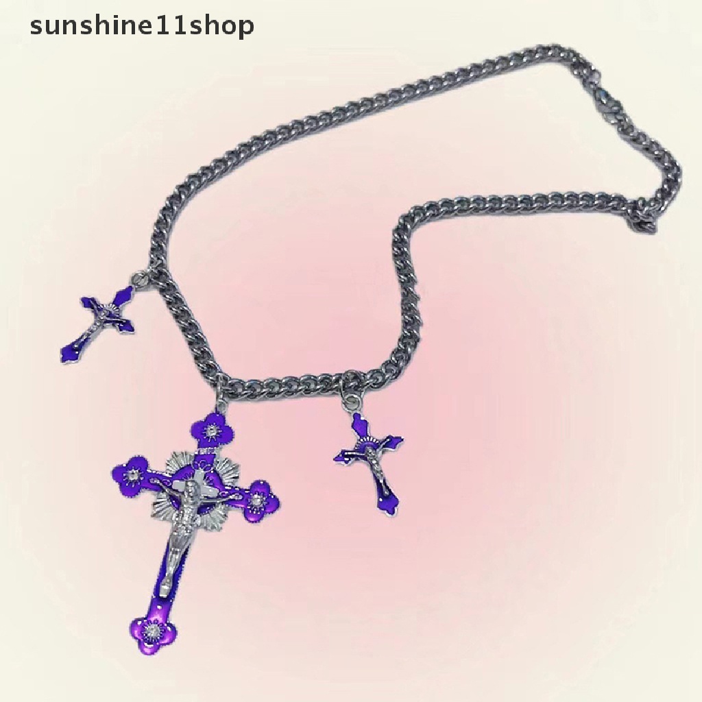 Sho Punk Rain Skull Cross Necklace Korea Fashion Aesthetic Unik Liontin Kalung Wanita Keren Egirl Jewelry Chain N