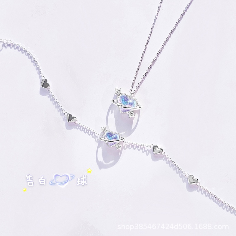 Korea Cinta Biru Moonlight Batu Kalung Sederhana Ins Gaya Wanita Tulang Selangka Rantai Titanium Steel Necklace