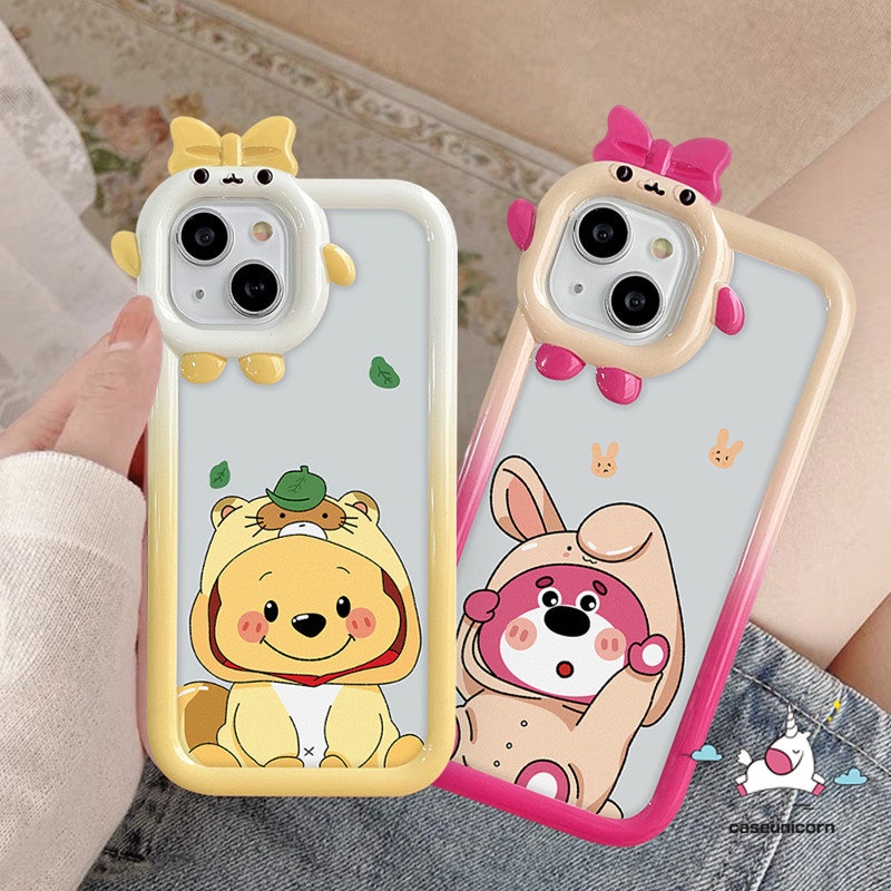 IPHONE Cute 3D Bow-knot Little Monster Lens Case Kompatibel Untuk Iphone11 13 14 12 Pro Max XR 14 8 7 6s 6 Plus XS Max X SE 2020 Kartun Strawberry Bear Manyo Winnie the Pooh Soft Cover