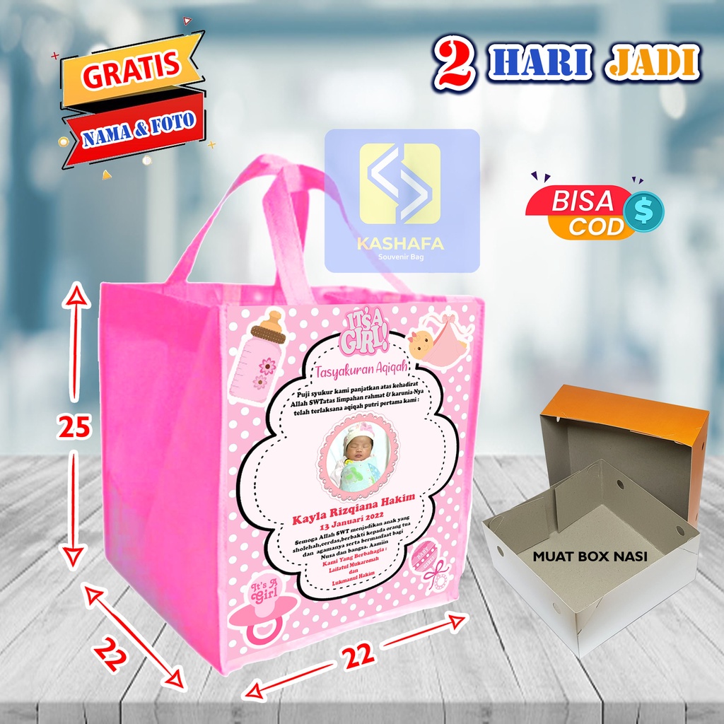 

Tas Aqiqah - Tas Souvenir Aqiqah - Tas Aqiqah Tasyakuran Nasi Box - Goodie Bag Aqiqah Muat Box Nasi - Tas Aqiqah Custom Gratis Nama dan Foto Bebas Pilih Warna