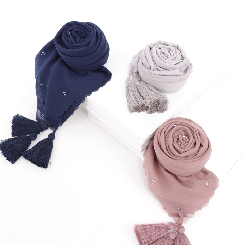Alesha Scarf Voal Tassel Crystal Premium
