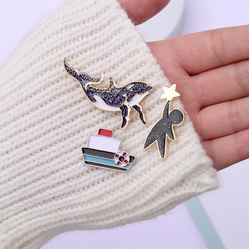 Perahu Paus Enamel Pin Bintang Hewan Lencana Logam Bros Wanita Anak Hadiah Perhiasan Lapel Topi Sweater Aksesoris Grosir