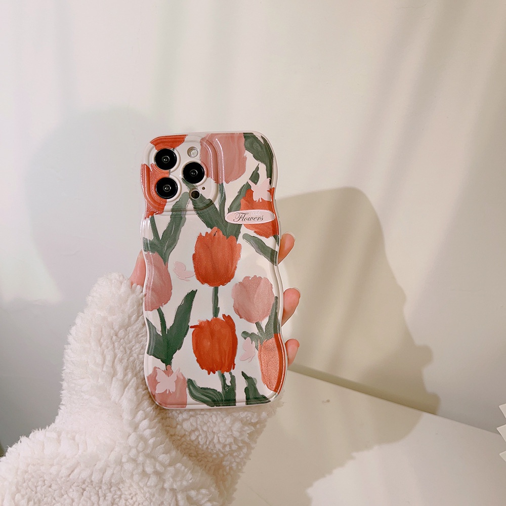 IPHONE Orange Flowers Soft Beige Wave Edge Case Untuk Iphone14 11 12 13 PRO MAX Casing Cover Pelindung AT0017