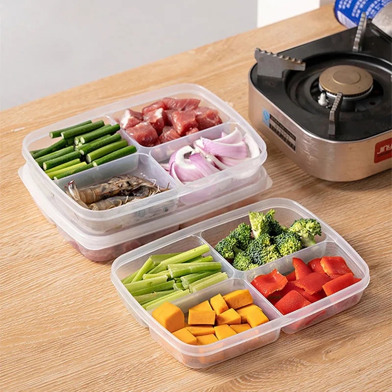 4 Grids Refrigerator Vegetable Fresh Keeping Case / Reusable PP Plastic Food Fruit Storage Box With Cover