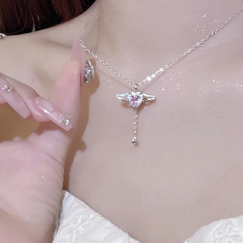 Korean Pink Zircon Heart Pendant Necklace for Women Moving Wings Silver Chain Choker Jewelry Accessories