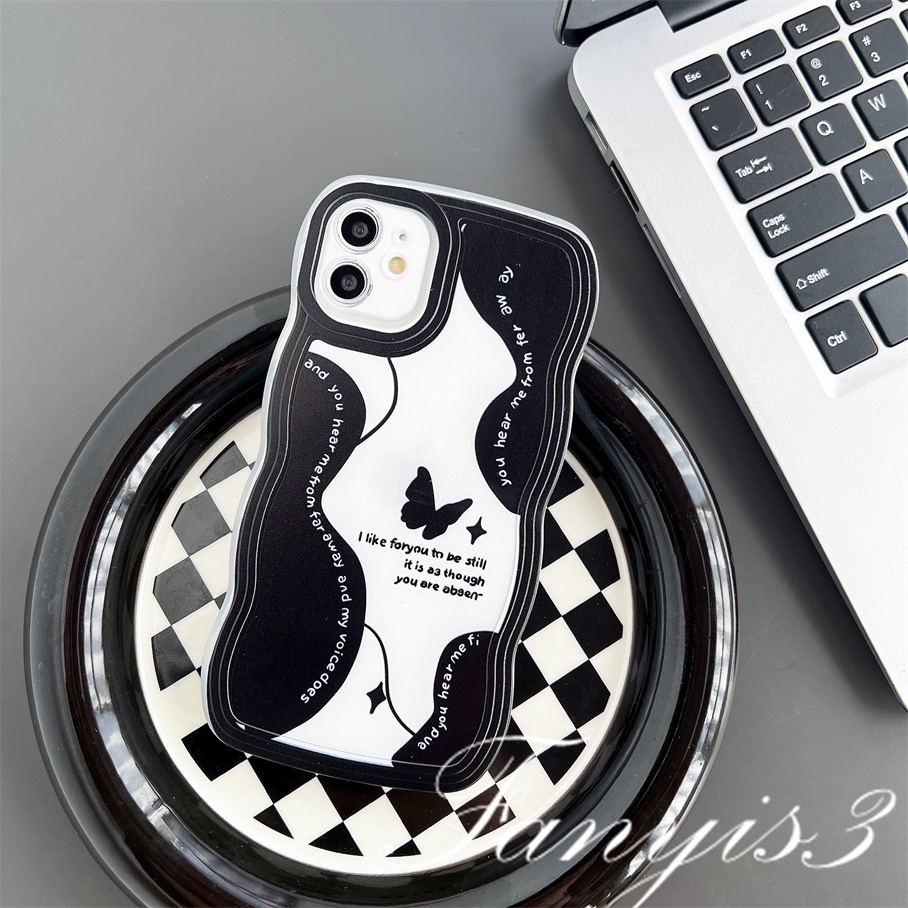 Compatible For iPhone 14 13 12 11 Pro Max X XR Xs Max 8 7 6 6s Plus SE 2020 Kompatibel Untuk Bunga Hitam Kupu-Kupu Gelombang Bingkai Ponsel Case TPU Lembut Cover Pelindung