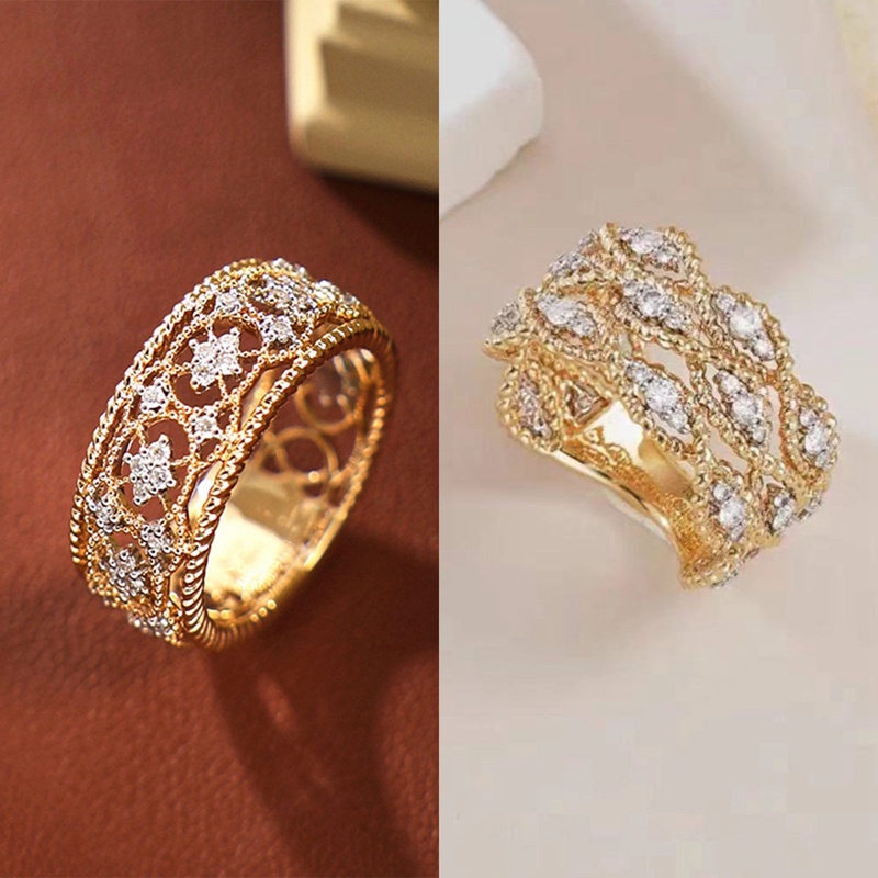 Retro Perhiasan Mewah Zirkon Cincin Wanita Elegan Hollow-Out Lace Ring Perjamuan Aksesoris Pesta Untuk Wanita