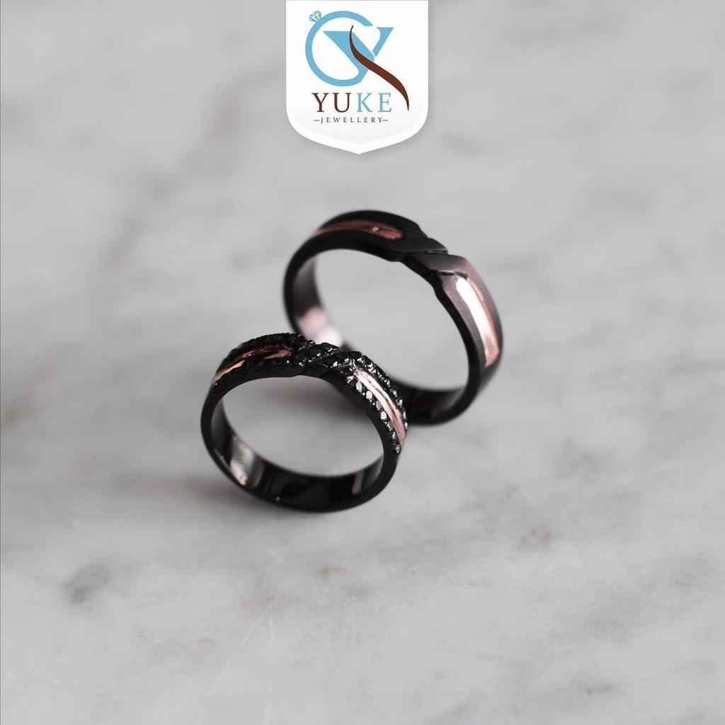 Cincin Bahan Perak/Silver With Onyx Stone Finishing Black & RoseGold Cincin Kawin Cincin Couple