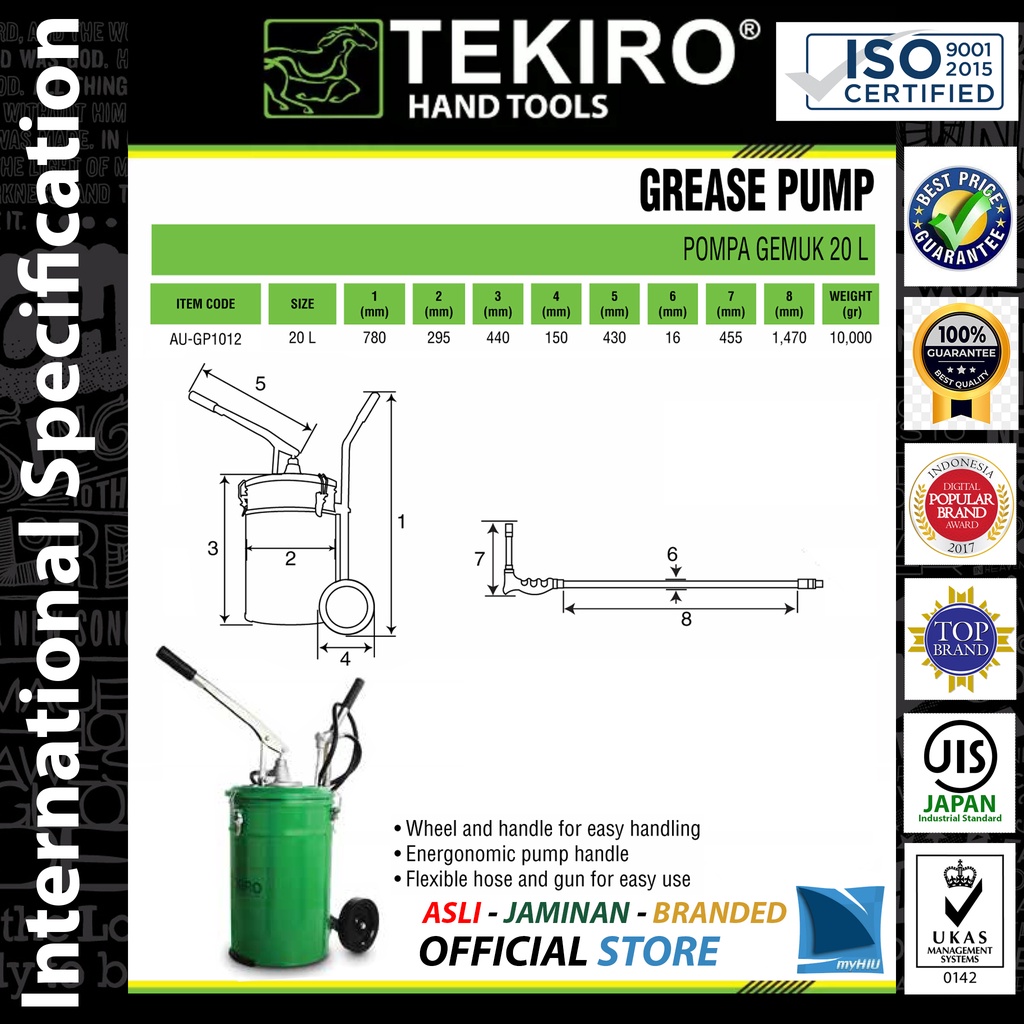 Pompa Gemuk Drum Kapasitas 20 Liter Roda Dorong / Hand Grease Pump TEKIRO