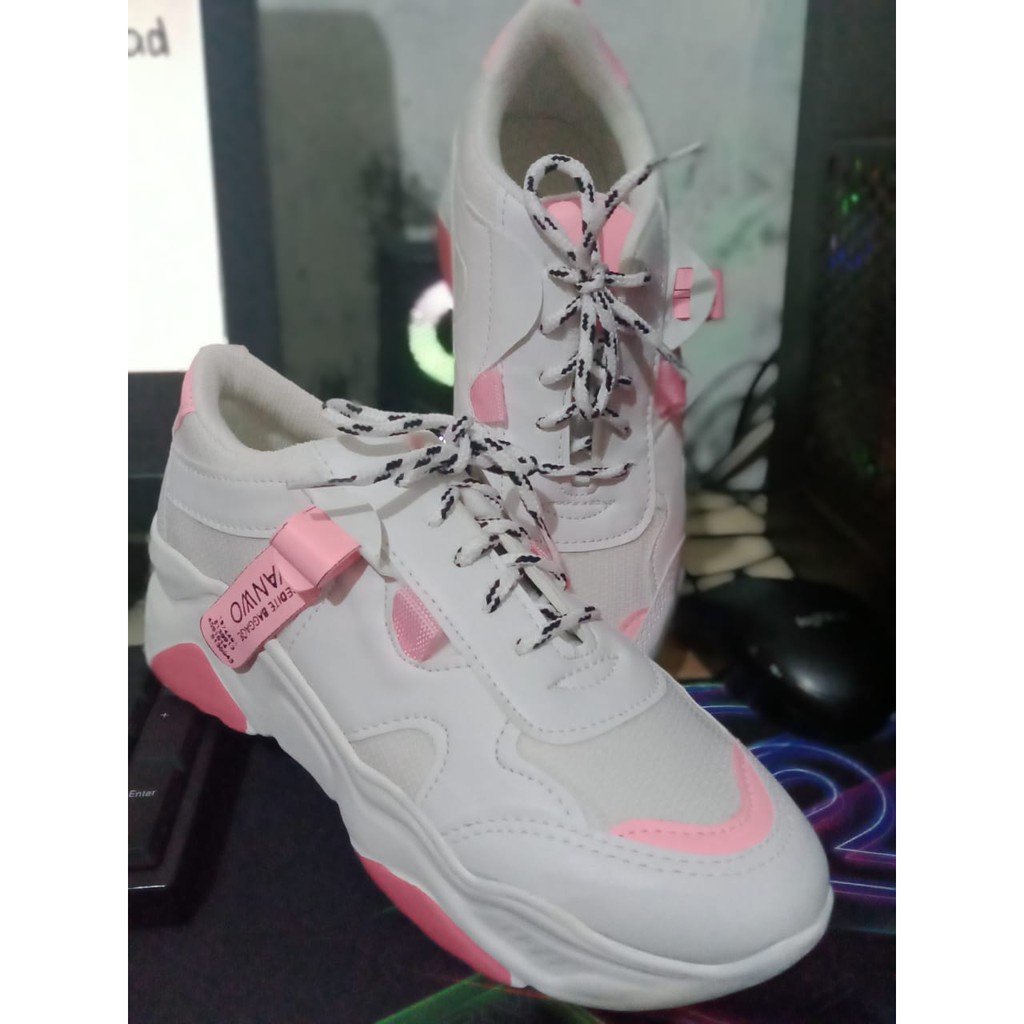 Sepatu Sneakers Wanita Putih Pink Tali Casul Style Import Korea Wanwoo Sol Tinggi FSH151